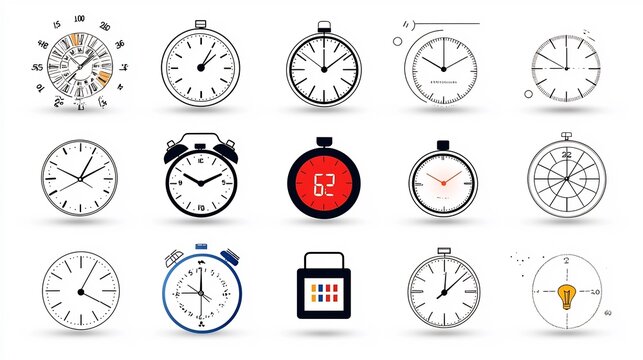 Set of 15 minimalist outline icons representing various clock and timer devices including analog and digital clocks countdown timers and reminder symbols