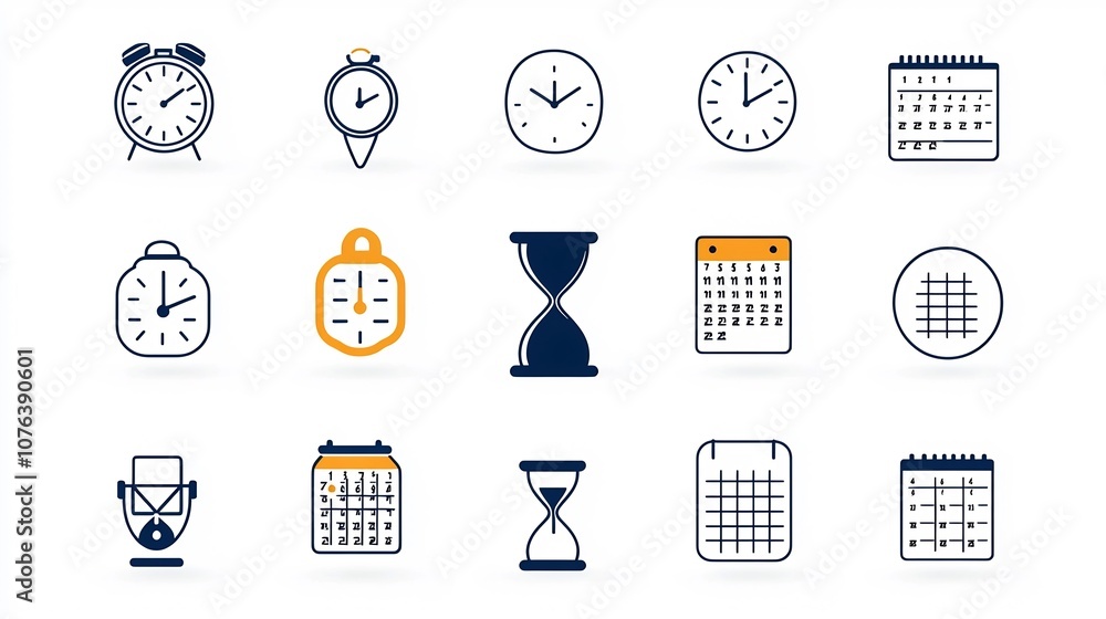 Fototapete collection of 15 outline style icons for time tracking and countdown features focusing on minute cou