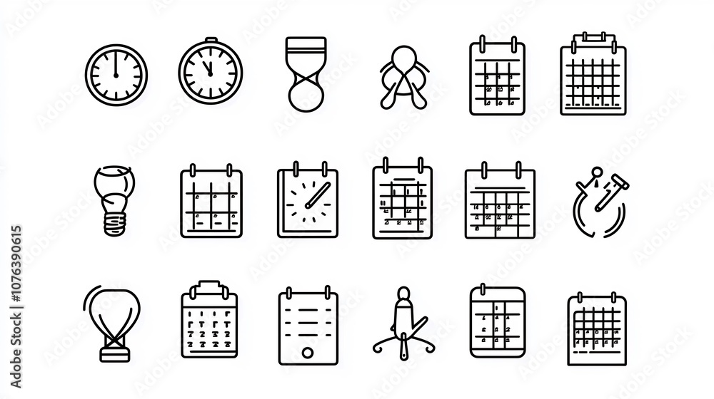 Poster A collection of 15 minimal outline style icons focused on time tracking and countdown elements such as minute counter weekly calendar and hourglass in a modern simple design