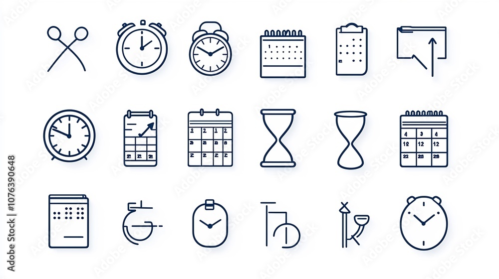 Poster Collection of 15 minimal icons in outline style for time tracking and countdown purposes featuring a minute counter weekly calendar and hourglass design elements
