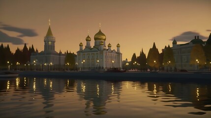 Obraz premium Golden-Domed Church on Water at Sunset