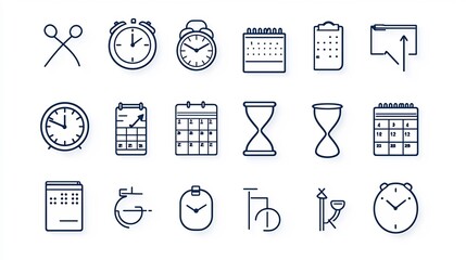 Collection of 15 minimal icons in outline style for time tracking and countdown purposes featuring a minute counter weekly calendar and hourglass design elements
