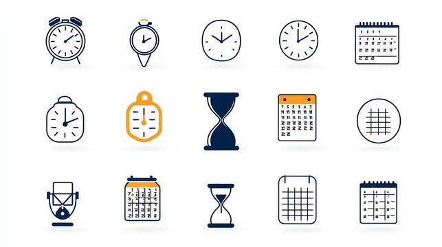 Collection of 15 outline style icons for time tracking and countdown features focusing on minute counter weekly calendar and hourglass symbol in a minimalist design