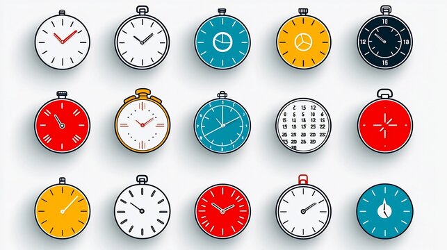 Set of 15 linear icons illustrating time management and scheduling concepts including symbols for calendar events countdown timers and stopwatches in a simple minimalist style
