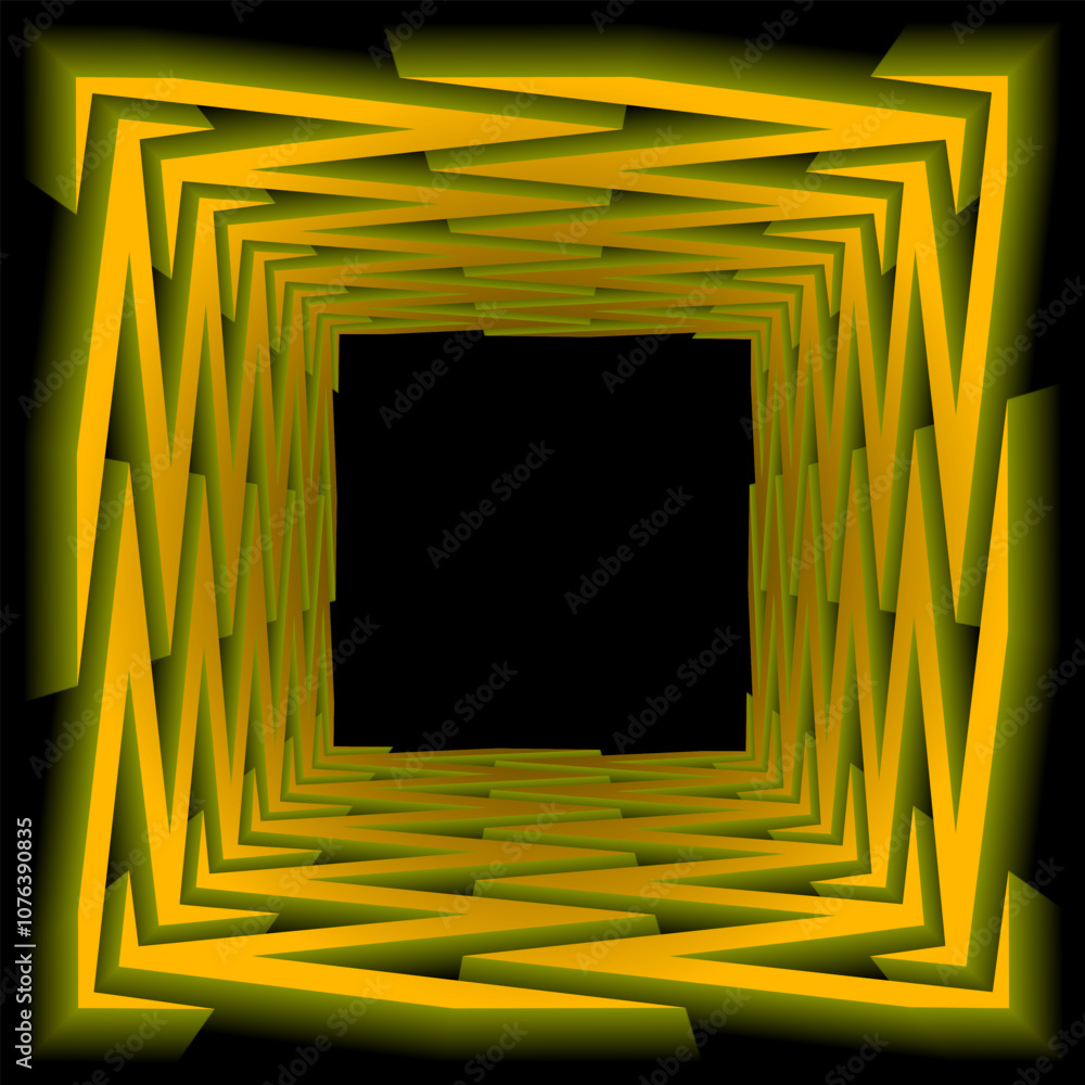 Poster golden 3d square frame with futuristic volumetric borders. design in the style of optical art.