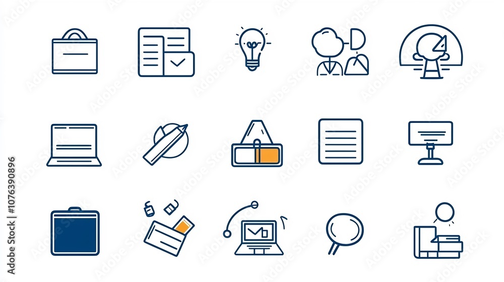 Poster Collection of 15 linear icons focused on learning and development featuring icons for course materials seminar and distance learning in a simple line style