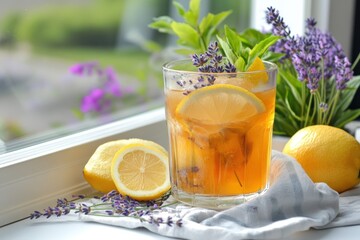 A refreshing glass of iced tea garnished with lemon slices and herbs, surrounded by fresh lemons and lavender, set in a bright, sunny window.