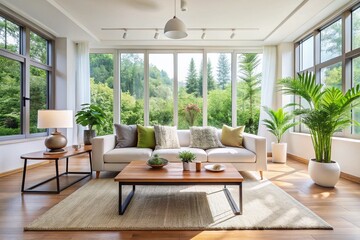Naklejka premium Bright and Airy Minimalist Living Room Featuring Large Windows, a White Sofa, and Natural Light for a Calming and Inviting Atmosphere in Modern Interior Design