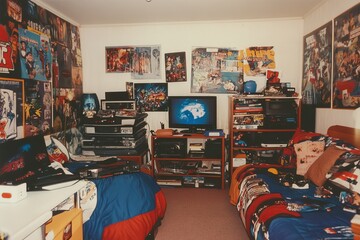 Cozy retro gaming room filled with vintage posters, video game consoles, and nostalgic decor from the 1990s era.