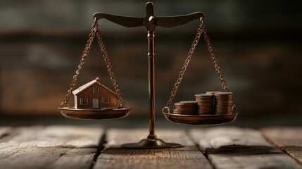 Balancing a house and coins on a traditional scale emphasizing financial value and decision making