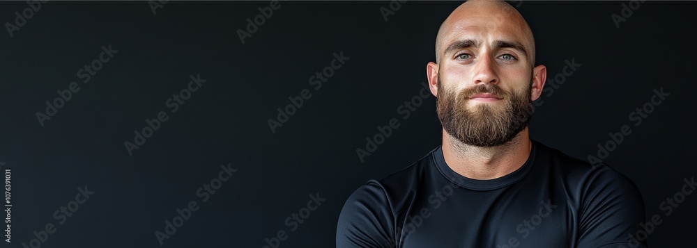 Poster man with a beard and a bald head is standing in front of a black background. he is wearing a black s