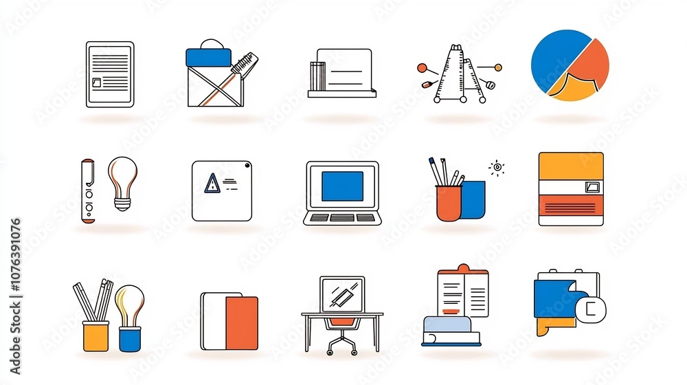 Poster Set of 15 minimalist outline style icons representing various education related elements such as online classroom e learning platform and study materials
