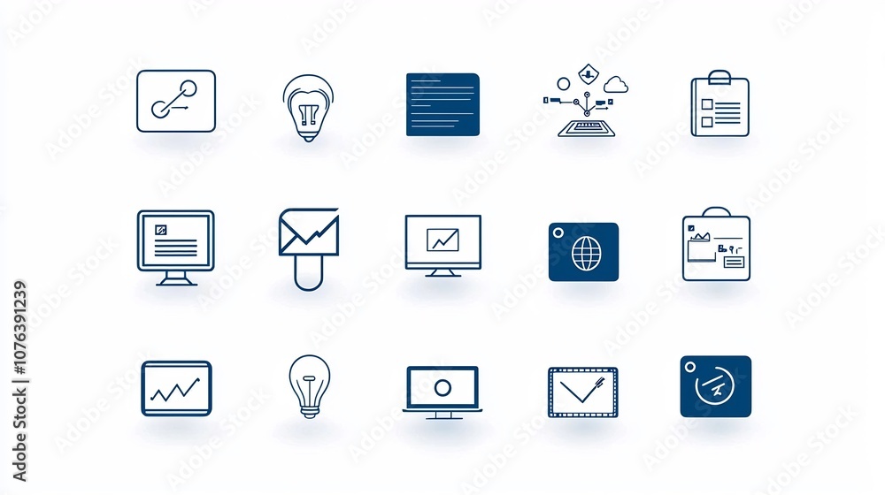 Leinwandbilder Collection of 15 linear icons representing virtual training with symbols for interactive webinars online assessments and self paced learning courses  Clean with a modern minimal and digital design