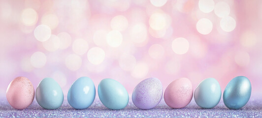 Soft Lavender blue Easter Eggs Bokeh Backgrounds: Colorful, Seamless horizontal Designs for Product Displays