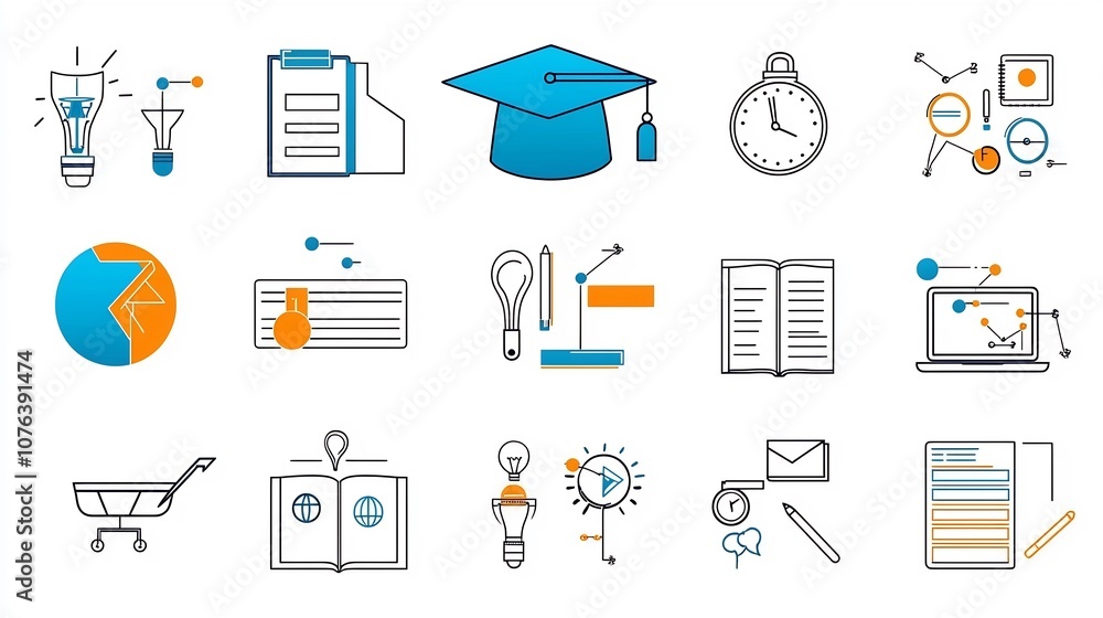 Poster collection of 15 outline style icons representing key elements of online courses and virtual learnin