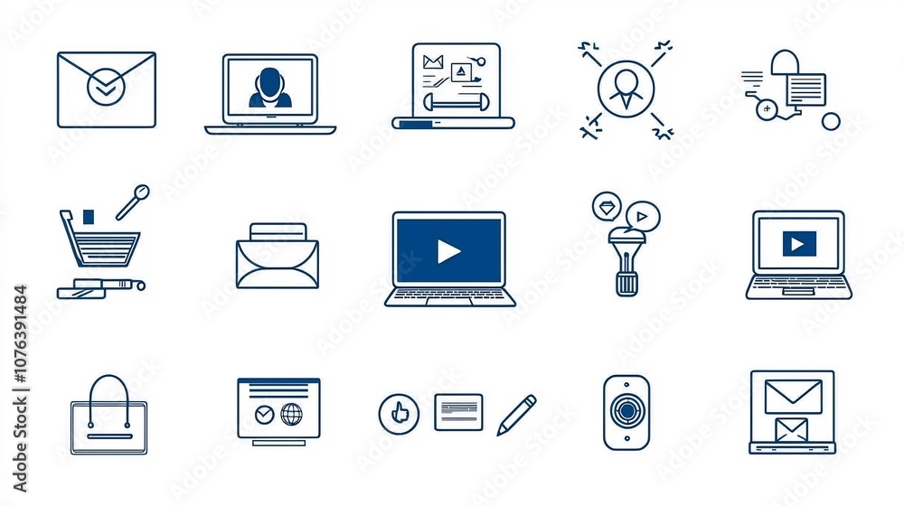 Poster outline icon set of 15 symbols for distance education including laptop video call and course complet
