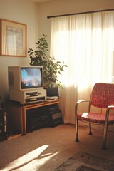 Fototapeta premium Sunlit vintage living room, featuring an old television, patterned chair, and a potted plant for nostalgic vibes.