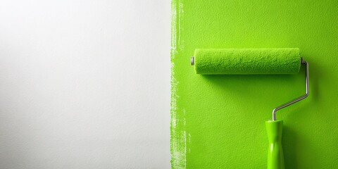 Obraz premium Bright Green Paint Roller Applying Fresh Color to a White Wall with Ample Copy Space for Text, Perfect for Home Renovation or DIY Projects