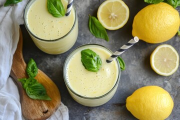Refreshing lemon basil smoothies in glasses, garnished with fresh basil leaves, alongside lemon slices and whole lemons on a textured background.