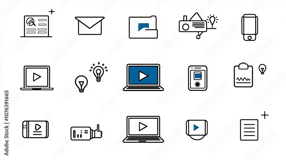 Poster Outline Icon Set for Distance Education Featuring Symbols for Laptop Video Call Course Completion and Other Digital Learning Elements in a Style with Editable Stroke