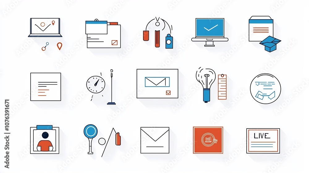 Poster set of 15 linear icons illustrating various education and training themes including symbols for live