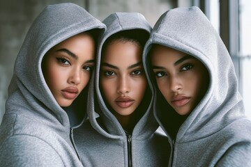 Three women wearing grey hoodies pose closely together, showcasing fashion and unity in a stylish indoor setting.