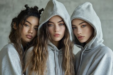 Fototapeta premium Close-up of three young women wearing grey hoodies, showcasing natural beauty, friendship, and casual fashion in modern photography.