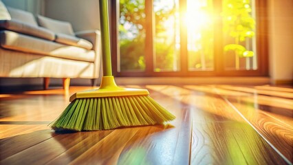 Broom with Long Bristles for Sweeping Dust and Debris in a Clean Home, Perfectly Positioned with Rule of Thirds for an Aesthetic Appeal in Domestic Cleaning Environments