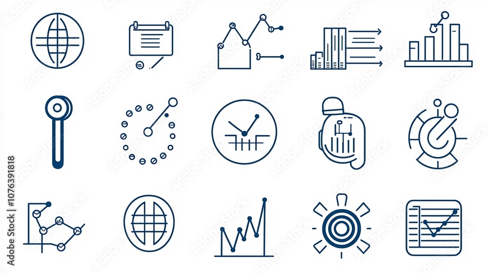 Aufkleber Set of 15 clean and minimalist outline icons representing various statistical elements such as data graphs optimization tools and survey symbols for business analytics and data visualization purposes