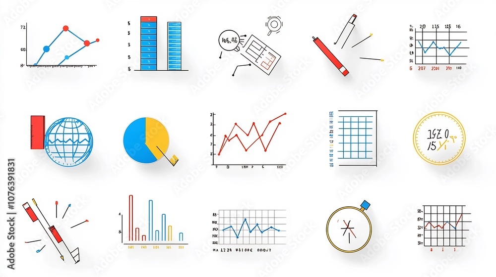 Poster Collection of 15 Linear Icons Focused on Statistics Featuring Icons for Data Analysis Survey Results and Price Charts in a Simple Line Style for Business and Finance Data Visualization