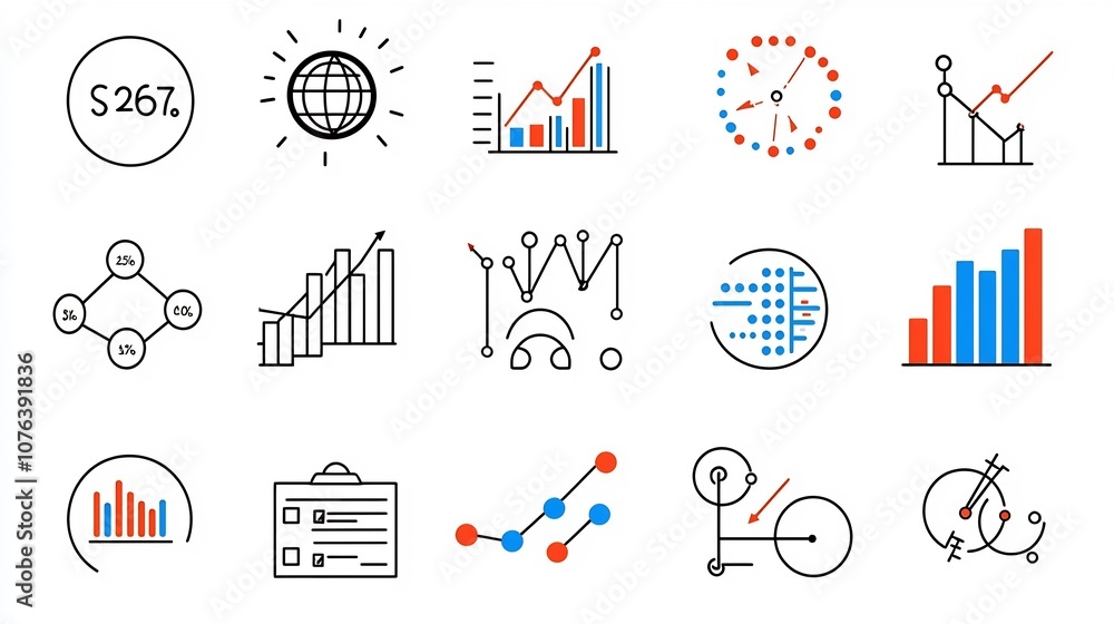 Poster A set of 15 minimalist icons representing various statistics and data visualization concepts including bar charts data optimization trend analysis and other related digital graphics for business