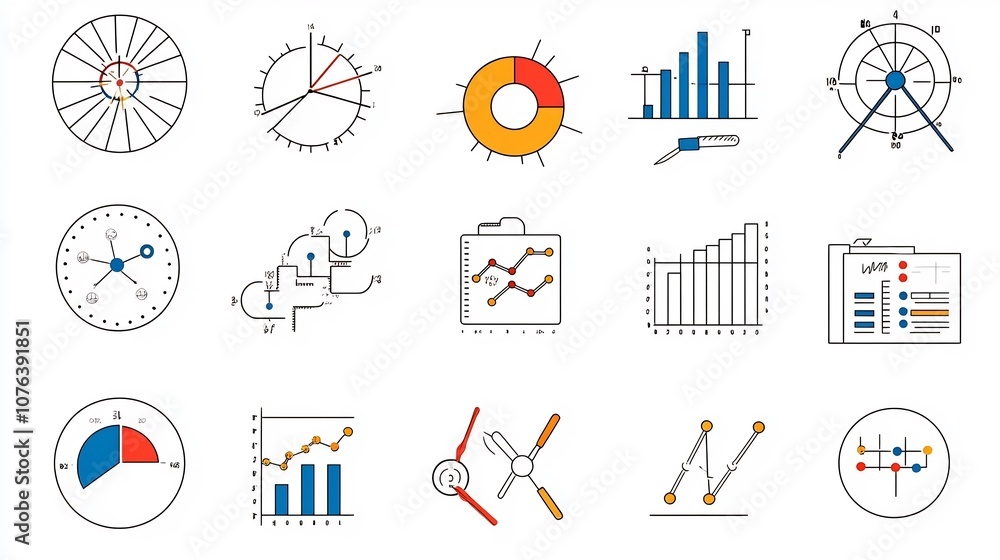 Poster Set of 15 clean outline icons representing various statistical elements data graphs optimization tools and survey symbols for business analytics and information visualization purposes
