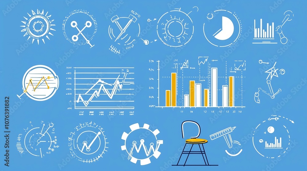 Poster Set of 15 minimalist icons depicting statistical symbols and data visualization elements like bar charts trend analysis and optimization for infographic dashboard and business reporting design