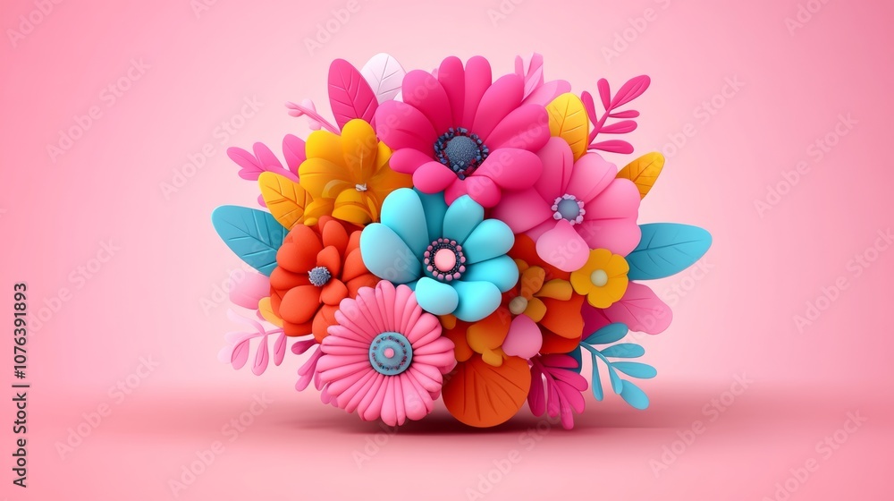 Poster bouquet of colorful flowers is displayed on a pink background. the flowers are arranged in a way tha