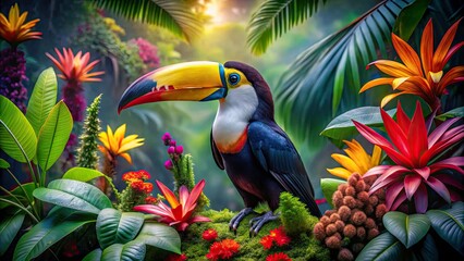 Fototapeta premium Vibrant Toucan in Lush Jungle - Low Light Photography of Tropical Foliage and Bright Flowers for Nature Lovers and Wildlife Enthusiasts