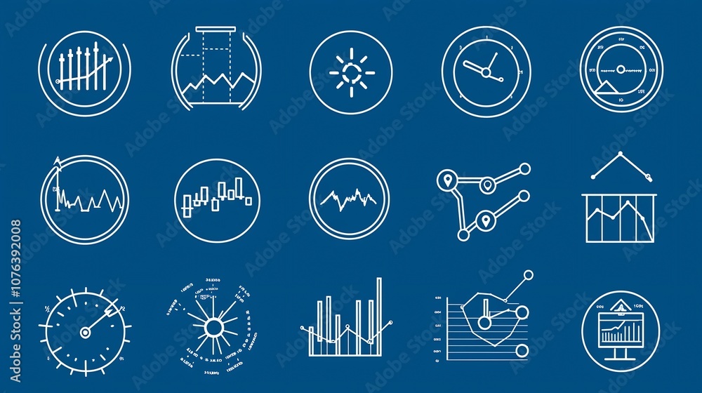 Poster Collection of 15 Minimal Outline Style Icons Focusing on Data Flow Price Indicators and Analysis Charts for Statistical Representation