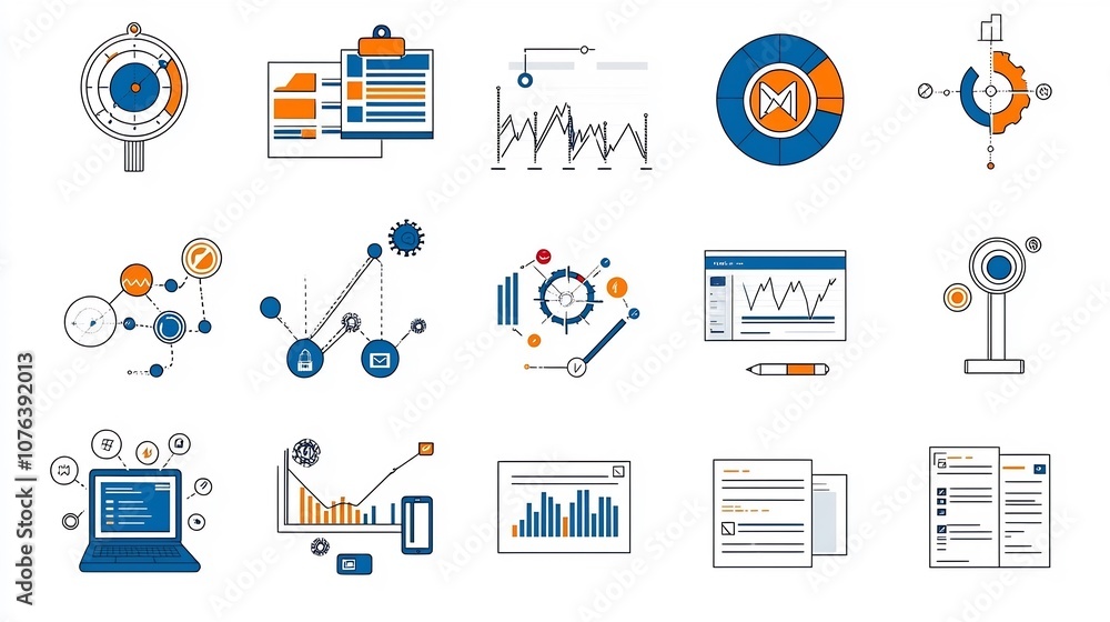 Aufkleber Set of 15 thin line icons for statistical analysis and data visualization tools featuring analytics dashboards optimization graphs and survey feedback forms vector