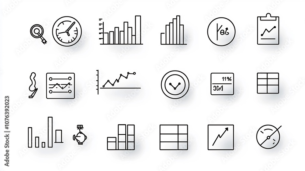 Poster Outline icon set featuring 15 clean symbols representing data statistics and information visualization elements such as bar graphs survey boxes and trend analysis tools