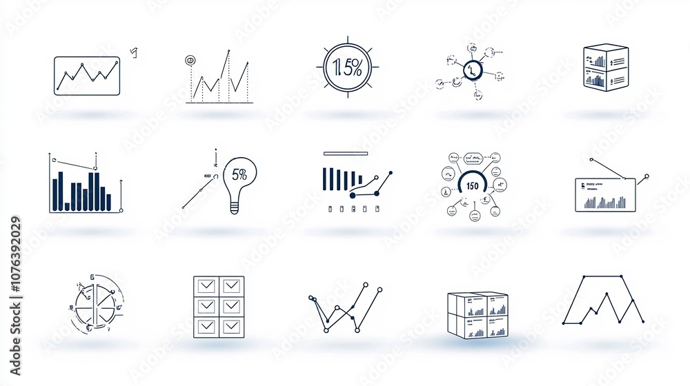 Aufkleber Set of 15 clean and minimalist outline icons representing various data and statistics visualization elements such as bar graphs survey boxes and trend analysis tools
