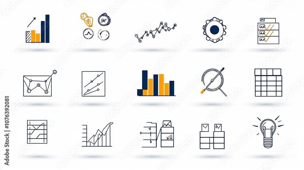 Aufkleber Outline icon set of 15 symbols representing data and statistics including bar graphs survey boxes and trend analysis with a clean style and editable strokes for use in digital designs dashboards