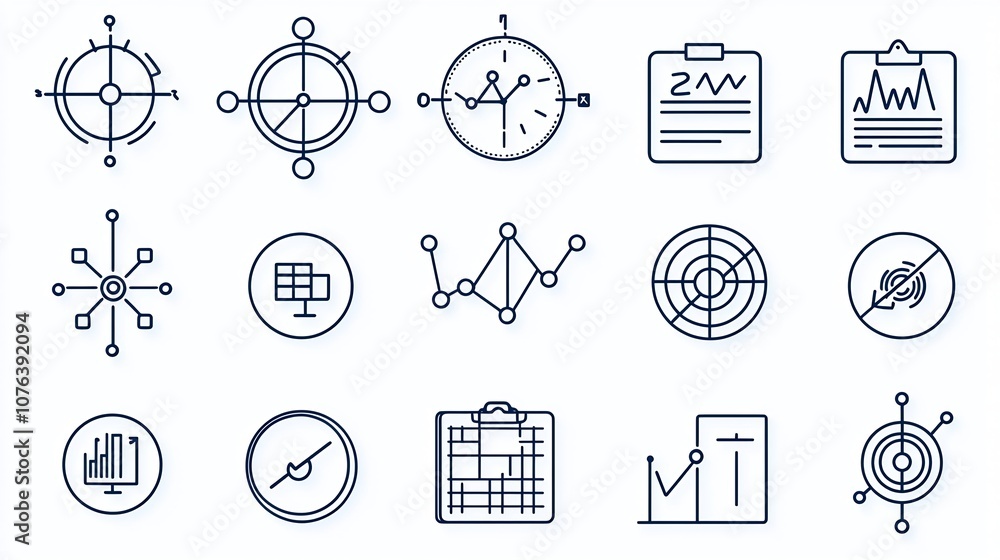 Aufkleber Set of 15 simple linear icons representing various statistical functions data collection survey evaluation and optimization tools for business analytics and data driven decision making
