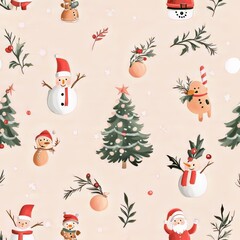 Seamless pattern featuring snowmen, a Christmas tree, ornaments, and snowflakes on a pink background.