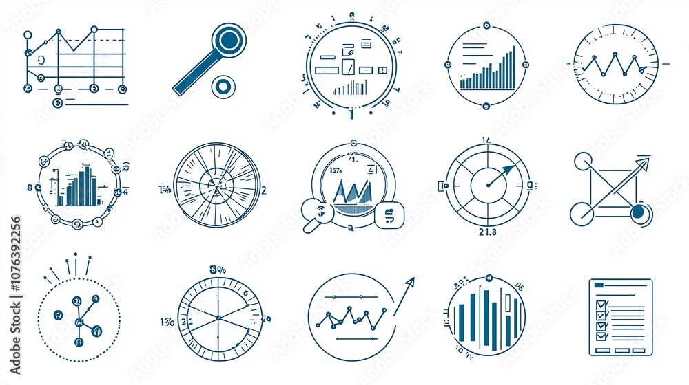 Aufkleber Collection of outline style icons featuring data analytics symbols optimization arrows research charts and information visualization elements for business finance and technology presentations reports