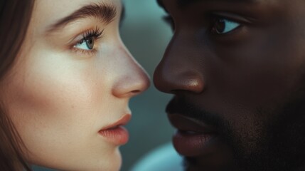 Obraz premium Close-up of two individuals sharing a meaningful gaze, their expressions reflecting empathy and connection, with soft focus on their facial features, conveying comfort and understanding in a serene mo