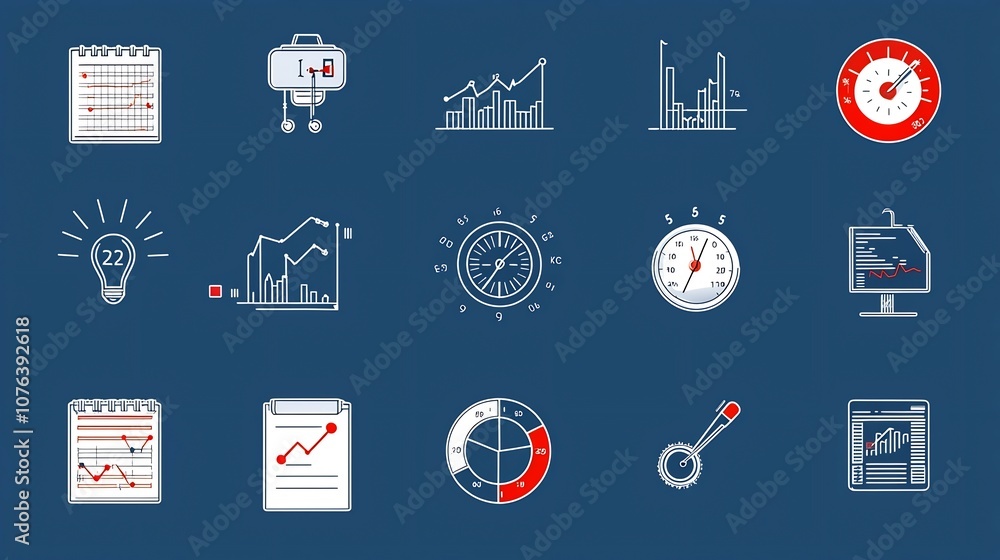 Aufkleber Set of 15 thin line icons for data tracking and analysis featuring icons for spreadsheet KPI meter and optimization progress  suitable for business finance and technology applications