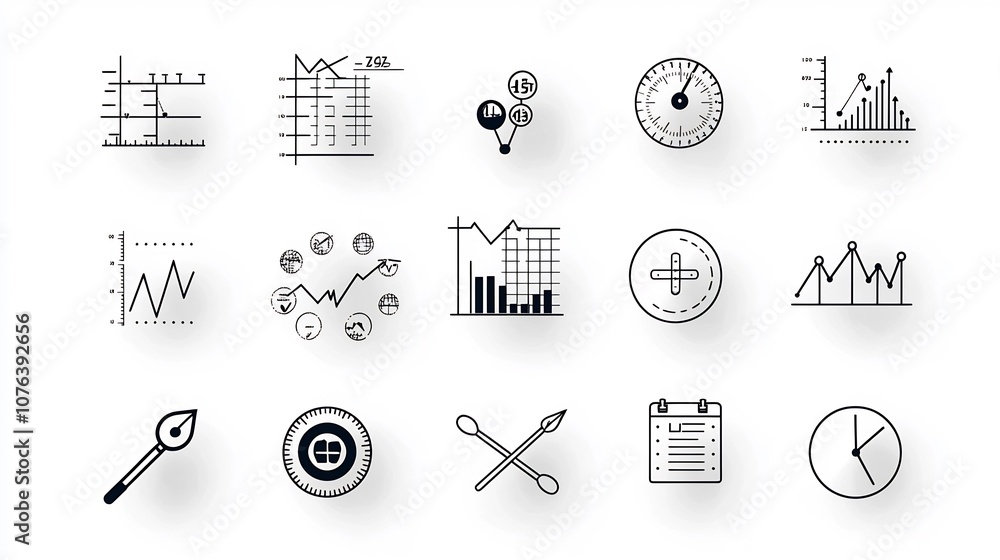 Fototapete Outline Icon Set of 15 Statistical Data Analysis and Visualization Tools including Data Sorting Comparison Charts and Survey Results in Style with Editable Stroke