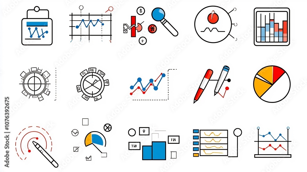 Aufkleber Outline icon set of 15 essential statistical tools for data sorting comparison charting survey result visualization and other analytics and information organization needs in a clean