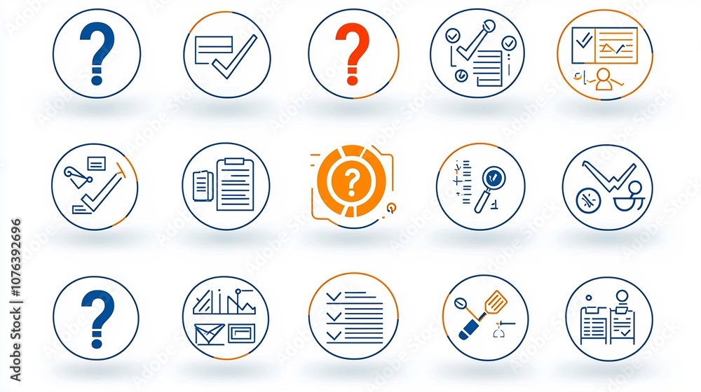 Fototapete Collection of 15 outline style icons for survey and feedback analysis featuring question marks checklists and pie charts in a minimal design for data visualization reporting and evaluation purposes