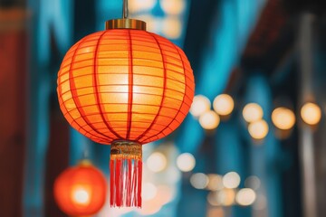 Vibrant red lantern casting warm light in a festive atmosphere. - obrazy, fototapety, plakaty