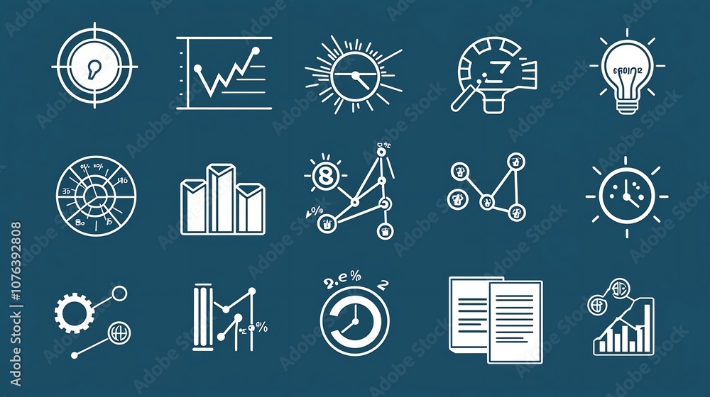 Leinwandbilder Comprehensive set of 15 icons representing key elements of statistical analysis data visualization and business intelligence including bar graphs report pages price indexes